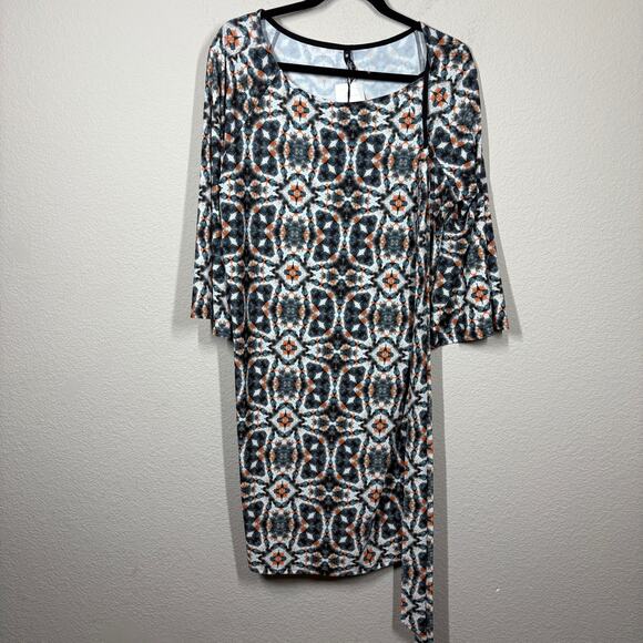 Viereck Medium Lyfie in Lunch Sheath Mini Dress Blue Orange Geometric Belted - Picture 2 of 9